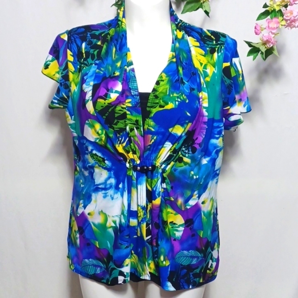 KIM ROGERS WOMENS TOP SIZE 2X IN A BEAUTIFUL TROPICAL PARADISE DESIGN